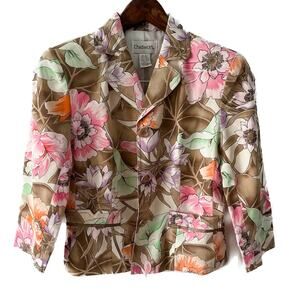 Vintage 100% silk floral cropped 3/4 sleeve blazer jacket pink tan size 4